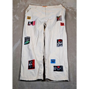 Loiter Pants Mens 34 Beige Wide Leg Anime Patchwork Streetwear Embroidered Art